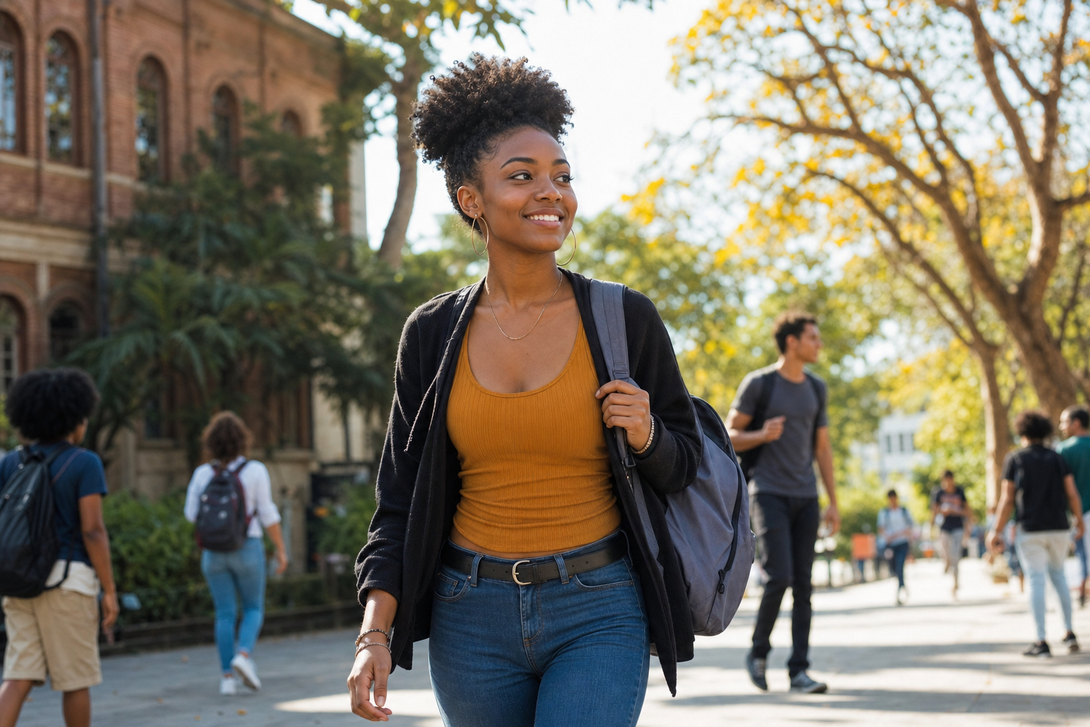 Estudante negra caminhando com confiança no campus universitário
