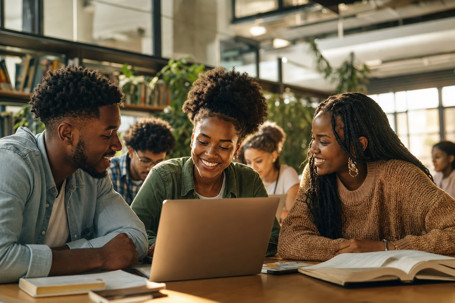 Estudantes negros estudando juntos em biblioteca universitária