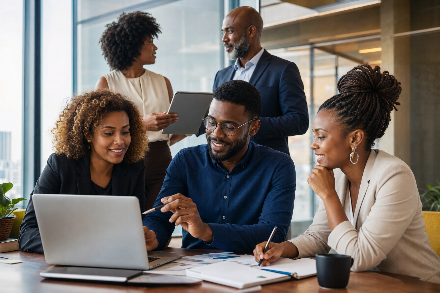 Profissionais negros colaborando em ambiente de trabalho moderno